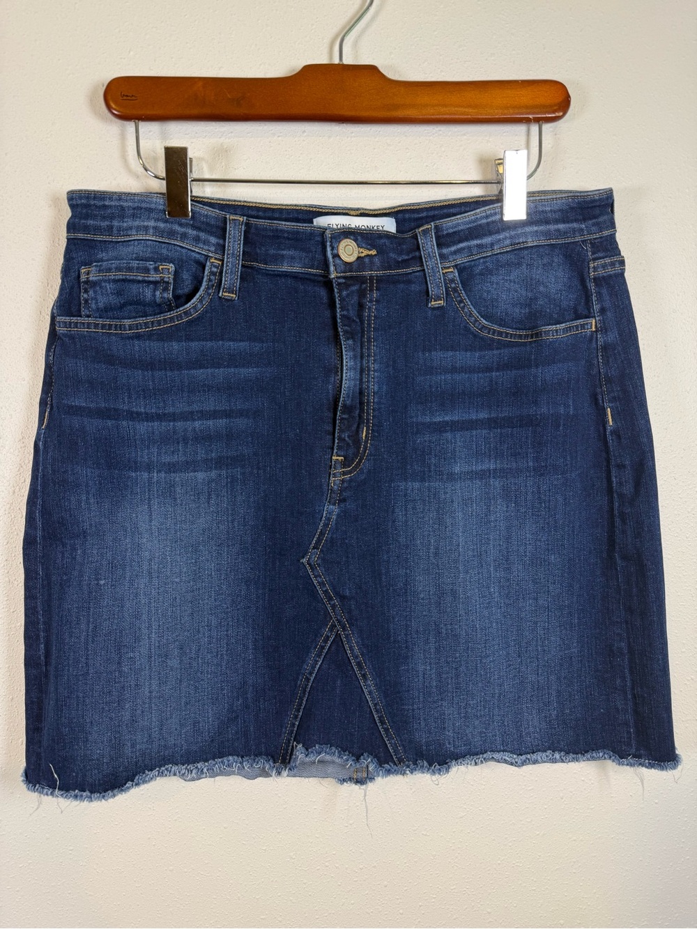 Flying Monkey Denim Mini Skirt Size 32 Blue Raw Hem Stretch A-Line